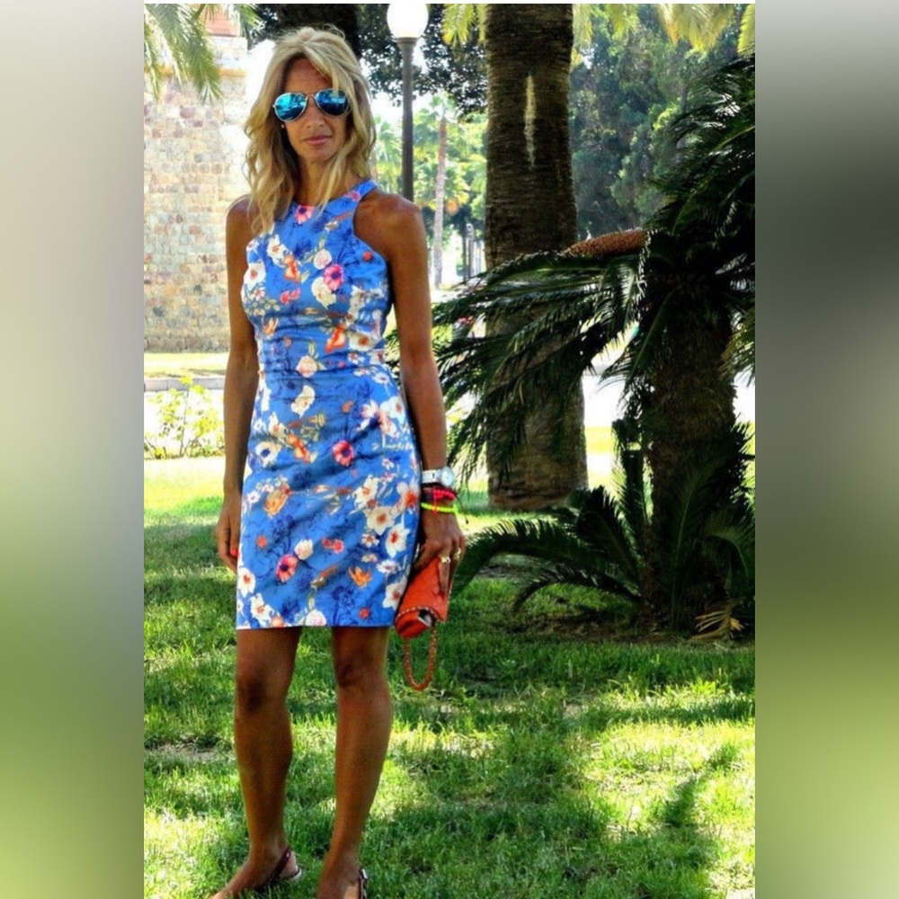 Zara Racerback Floral Blue Bodycon Dress Size Small - Picture 4 of 13